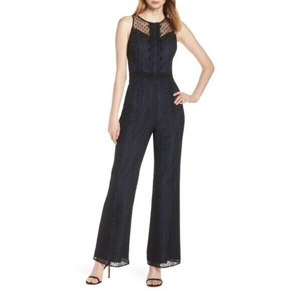 Harlyn Large L Navy Blue Black Lace Illusion Neck Jumpsuit Sleeveless Overlay - Picture 12 of 12